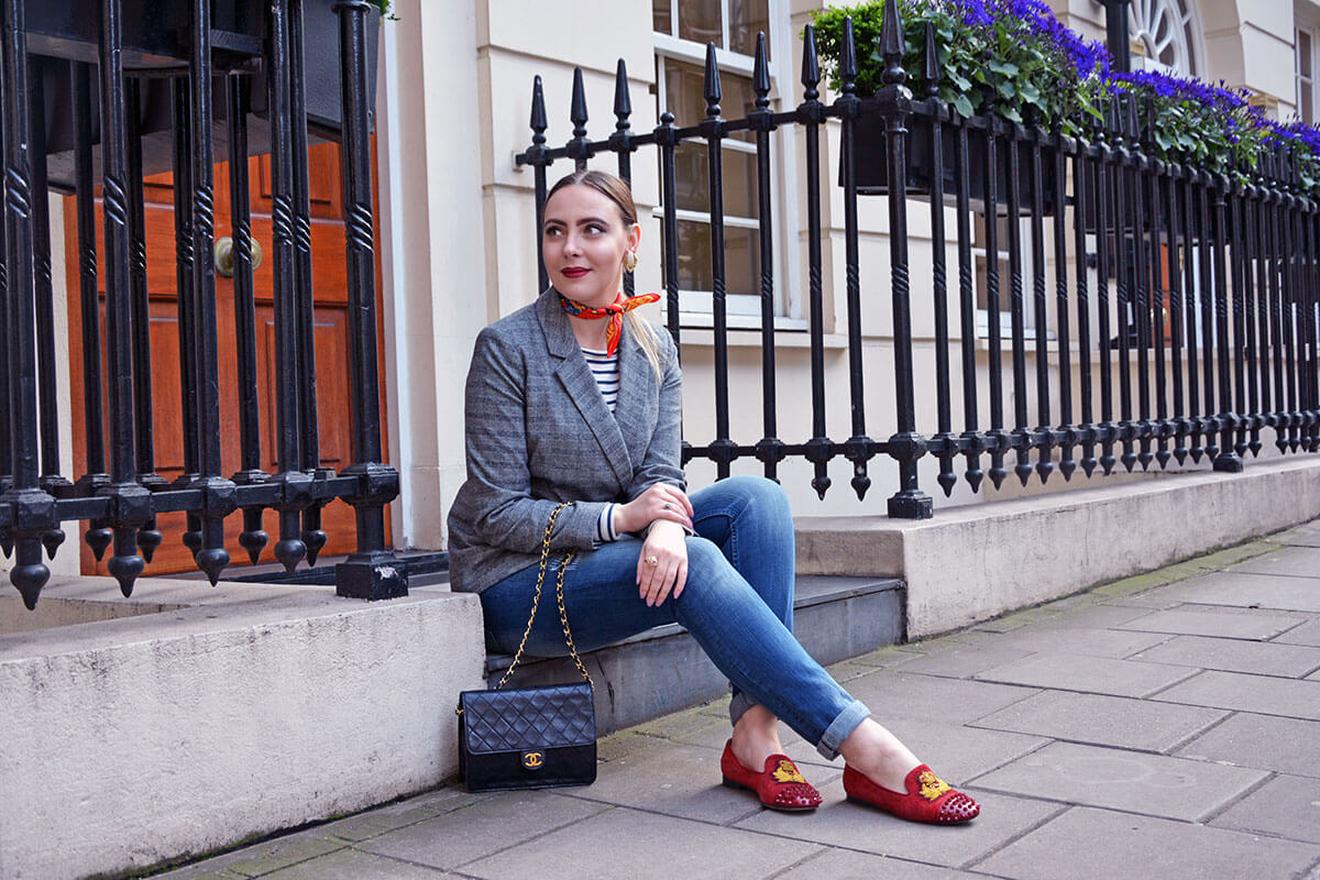 fashion blogger in hermes scarf, christian louboutin flats