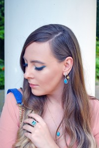 Influencer in Boohoo, Versace, Opal, Larimar and turquoise