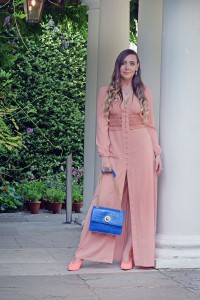 Influencer in Boohoo, Versace, Opal, Larimar and turquoise