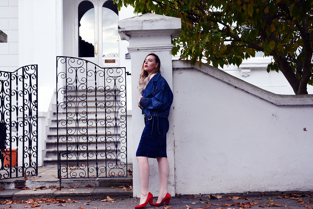 Edita in Blue Velvet Boohoo, Vintage and Marks and Spencer 12