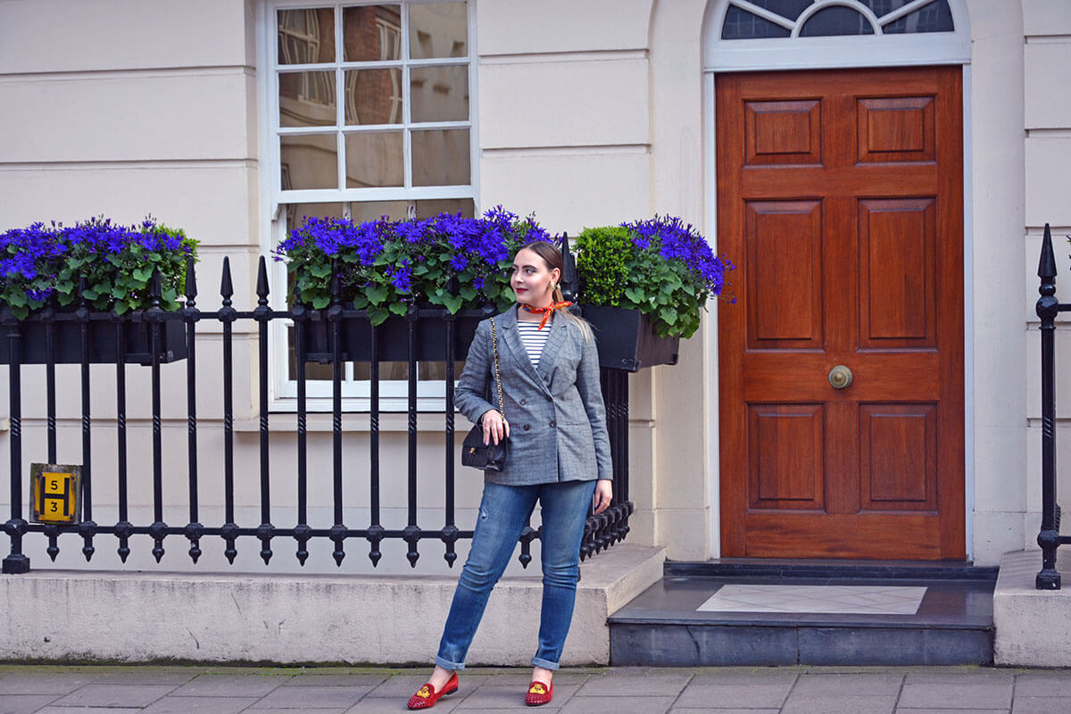 fashion blogger in hermes scarf, christian louboutin flats
