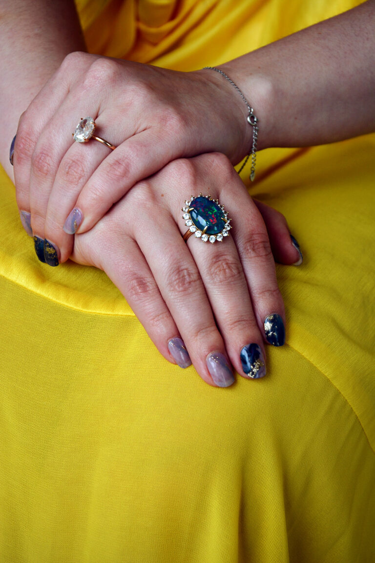 Black Opal ring on a yellow backgrond